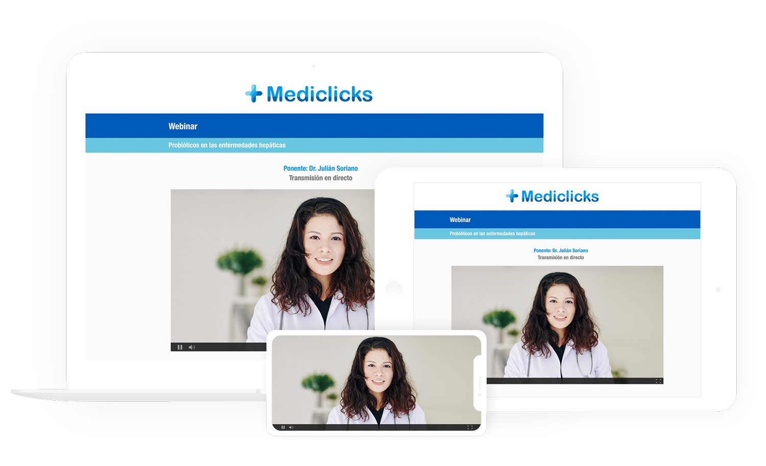 Mockup de médico de + Mediclicks haciendo un webinar en directo por teléfono, tablet y portátil