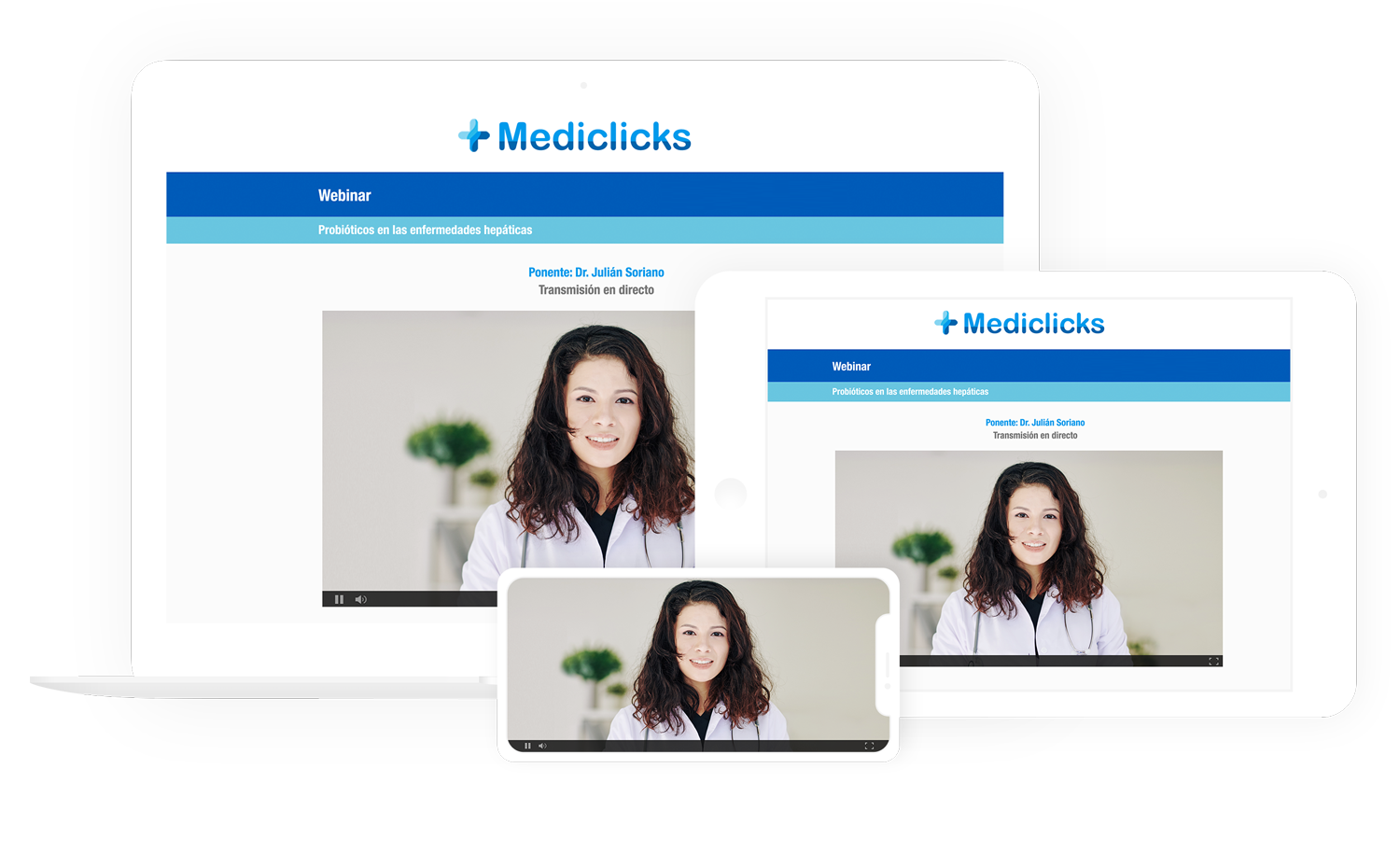 Mockup de médico de + Mediclicks haciendo un webinar en directo por teléfono, tablet y portátil